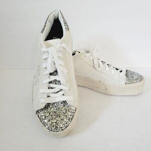 New P448 Thea White Silver Suede Sneakers ,Size 9,5-10 US